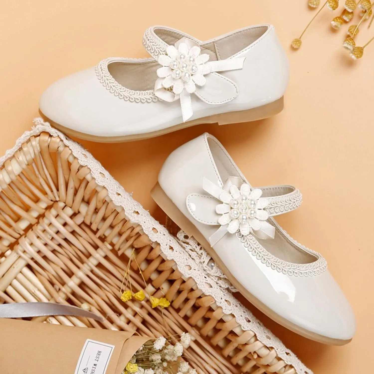 Teen Girls' Small Leather Shoes Single Loafers Flat Floral 𝐄mbellished Ribbed Adjustable Strap Dress Shoes