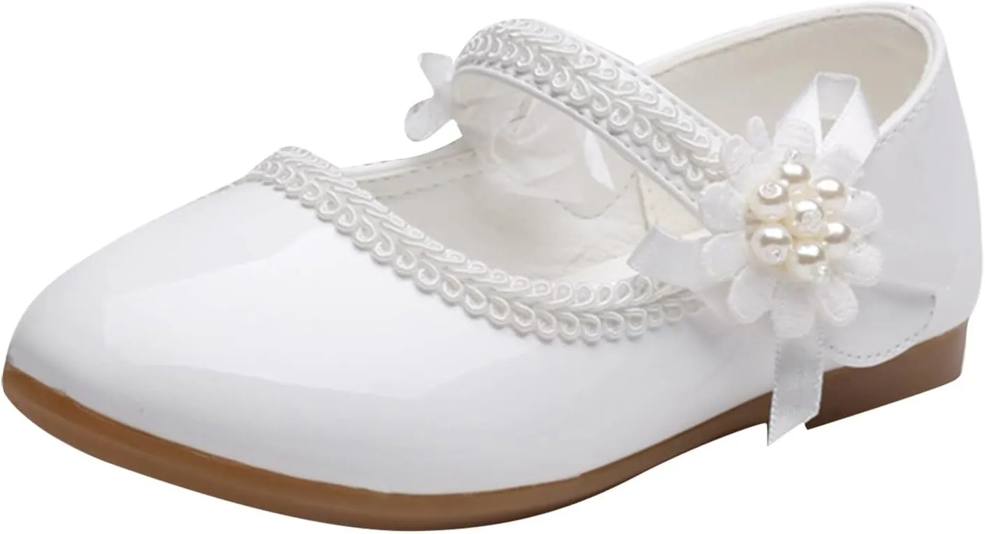 Teen Girls' Small Leather Shoes Single Loafers Flat Floral 𝐄mbellished Ribbed Adjustable Strap Dress Shoes