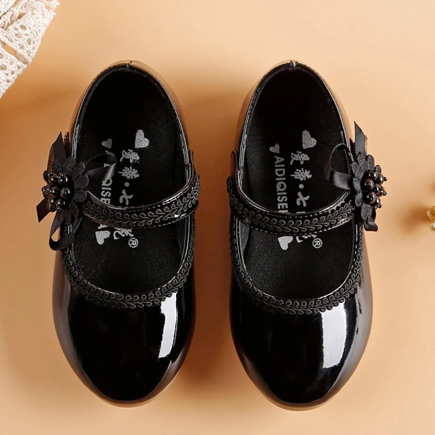 Teen Girls' Small Leather Shoes Single Loafers Flat Floral 𝐄mbellished Ribbed Adjustable Strap Dress Shoes