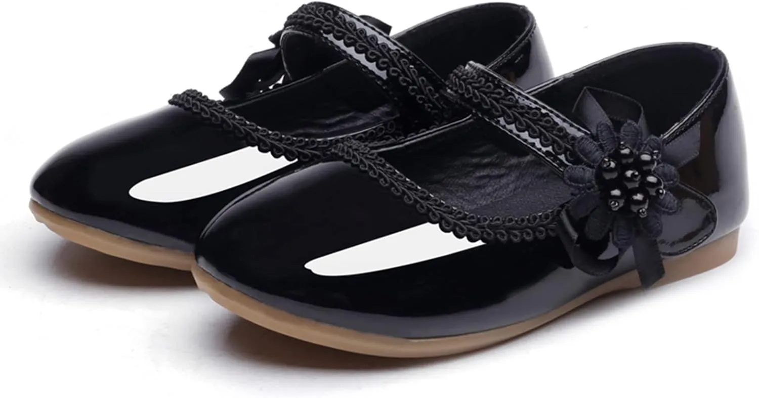 Teen Girls' Small Leather Shoes Single Loafers Flat Floral 𝐄mbellished Ribbed Adjustable Strap Dress Shoes