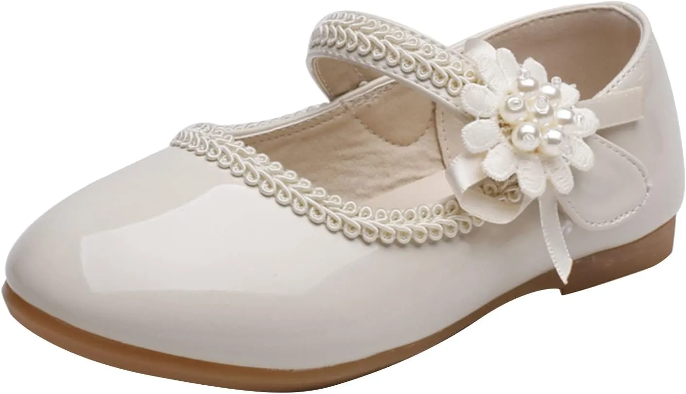 Teen Girls' Small Leather Shoes Single Loafers Flat Floral 𝐄mbellished Ribbed Adjustable Strap Dress Shoes