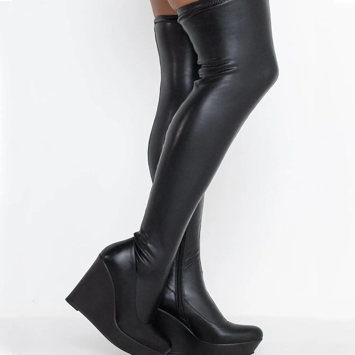 Tight Boots, Women's Long Over The Knee Boots with Round Toe High Heels, Wedge Heels Straight Side Zipper Long Boots Patent Leather Stretch Fashion Women's Boots
