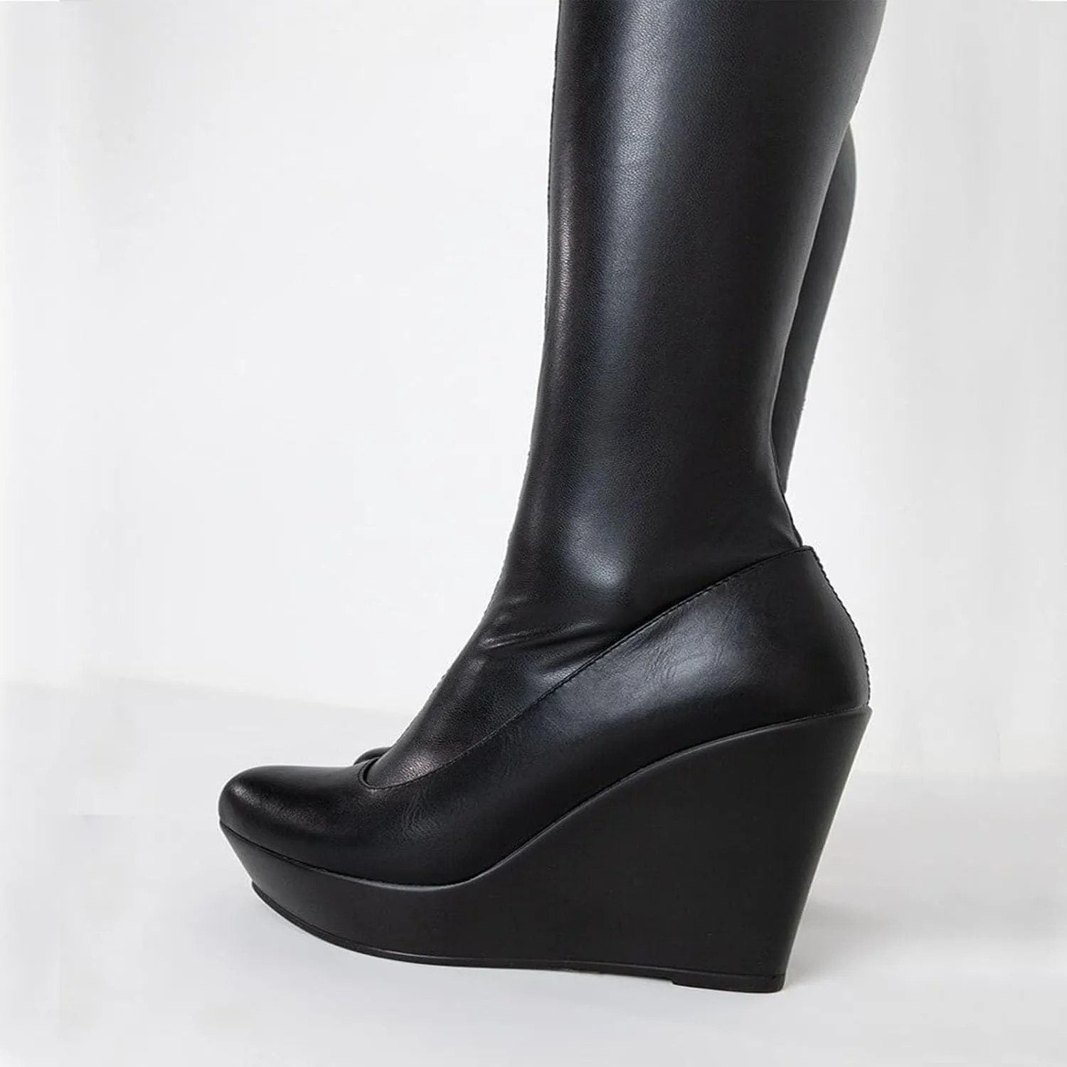 Tight Boots, Women's Long Over The Knee Boots with Round Toe High Heels, Wedge Heels Straight Side Zipper Long Boots Patent Leather Stretch Fashion Women's Boots