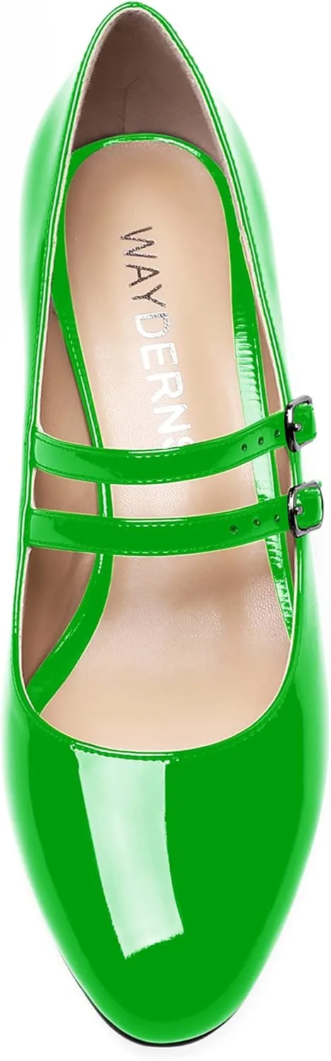 WAYDERNS Women's Adjustable Strap Mary Jane Round Toe Patent Low Chunky Heel Pumps Shoes 2 Inch