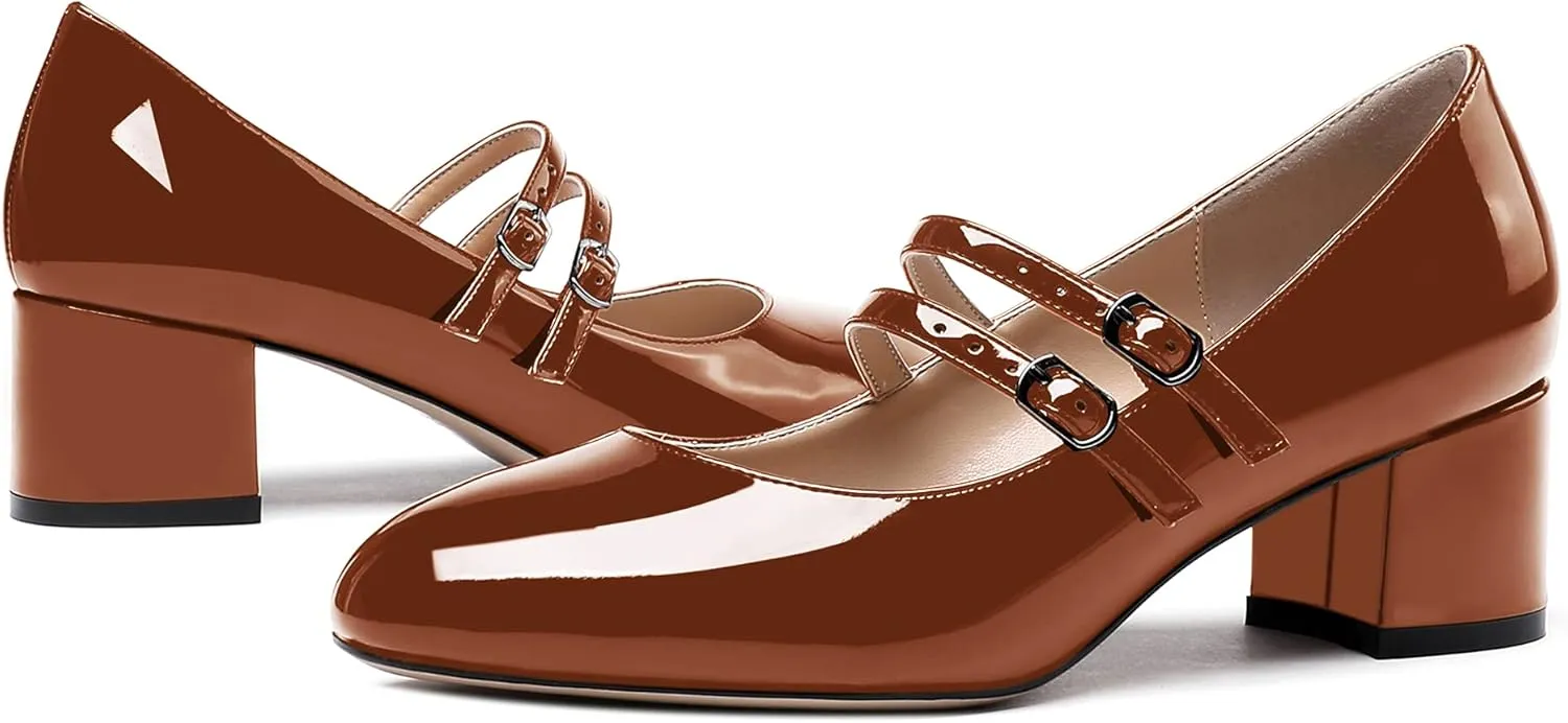 WAYDERNS Women's Adjustable Strap Mary Jane Round Toe Patent Low Chunky Heel Pumps Shoes 2 Inch