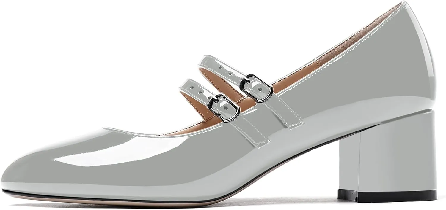 WAYDERNS Women's Adjustable Strap Mary Jane Round Toe Patent Low Chunky Heel Pumps Shoes 2 Inch