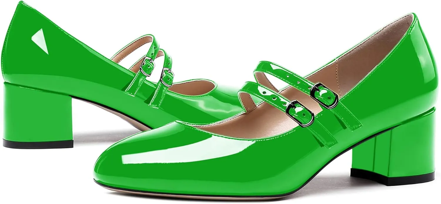 WAYDERNS Women's Adjustable Strap Mary Jane Round Toe Patent Low Chunky Heel Pumps Shoes 2 Inch