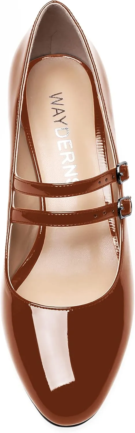 WAYDERNS Women's Adjustable Strap Mary Jane Round Toe Patent Low Chunky Heel Pumps Shoes 2 Inch