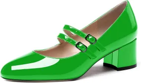 WAYDERNS Women's Adjustable Strap Mary Jane Round Toe Patent Low Chunky Heel Pumps Shoes 2 Inch