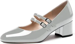 WAYDERNS Women's Adjustable Strap Mary Jane Round Toe Patent Low Chunky Heel Pumps Shoes 2 Inch