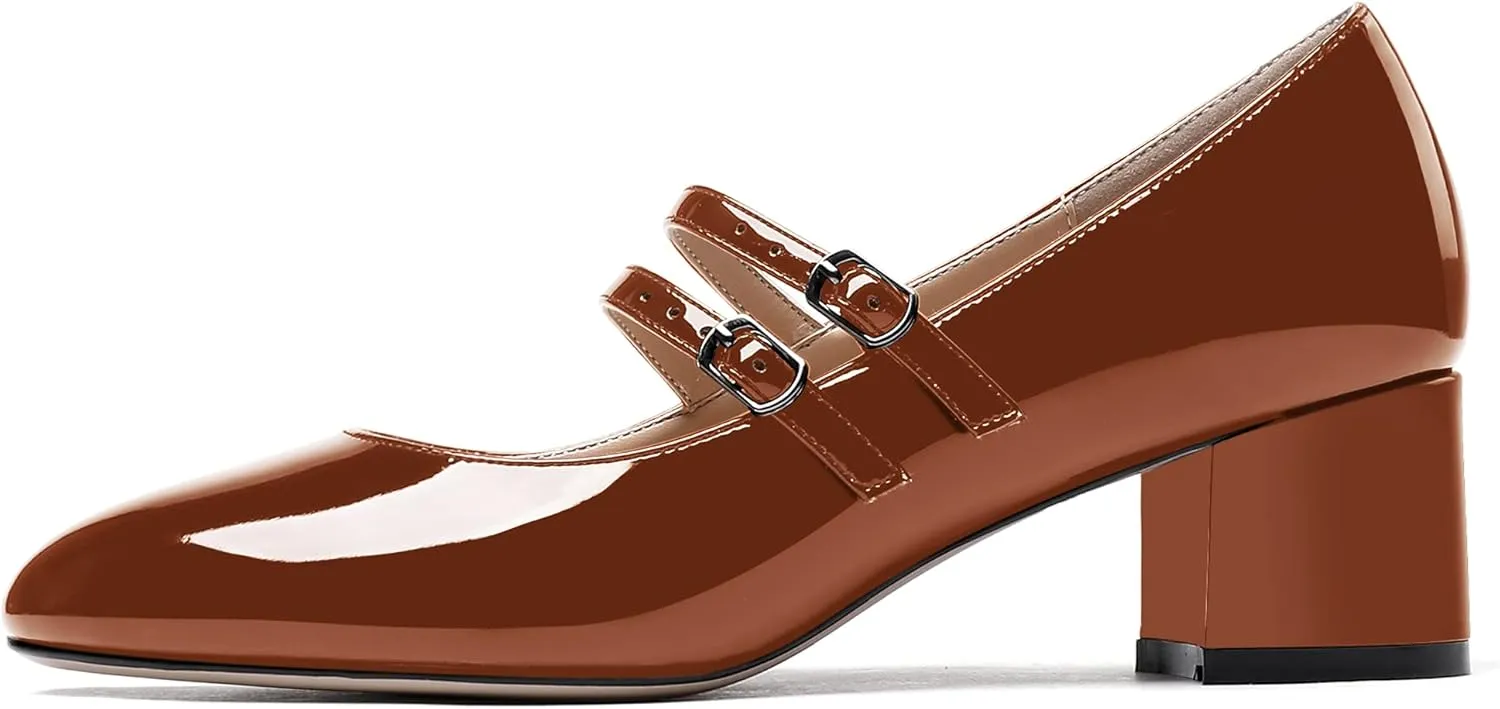 WAYDERNS Women's Adjustable Strap Mary Jane Round Toe Patent Low Chunky Heel Pumps Shoes 2 Inch
