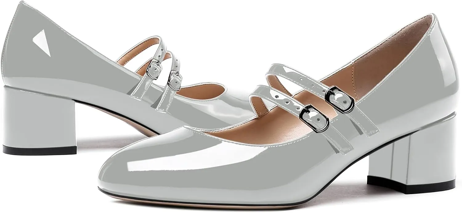 WAYDERNS Women's Adjustable Strap Mary Jane Round Toe Patent Low Chunky Heel Pumps Shoes 2 Inch