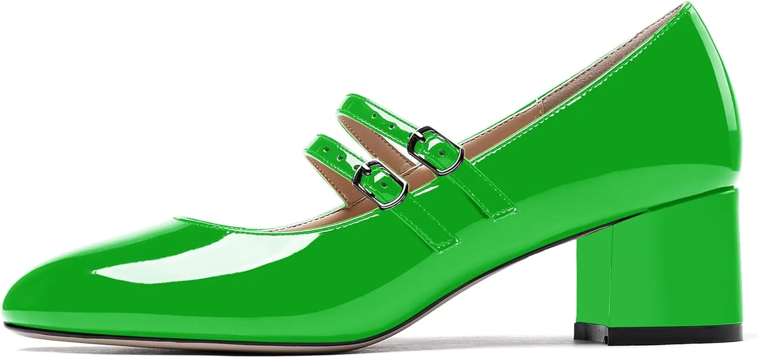 WAYDERNS Women's Adjustable Strap Mary Jane Round Toe Patent Low Chunky Heel Pumps Shoes 2 Inch