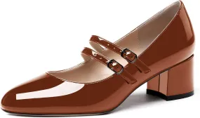 WAYDERNS Women's Adjustable Strap Mary Jane Round Toe Patent Low Chunky Heel Pumps Shoes 2 Inch