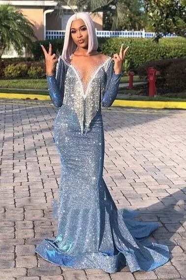 Wenkouban Blue Muslim Evening Dresses 2023 Mermaid Long Sleeves Sequins Sparkle Islamic Dubai Kaftan Saudi Arabia Long Evening Gown