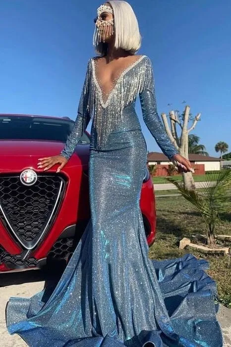 Wenkouban Blue Muslim Evening Dresses 2023 Mermaid Long Sleeves Sequins Sparkle Islamic Dubai Kaftan Saudi Arabia Long Evening Gown