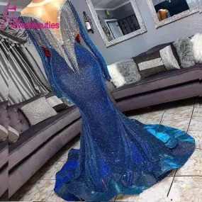 Wenkouban Blue Muslim Evening Dresses 2023 Mermaid Long Sleeves Sequins Sparkle Islamic Dubai Kaftan Saudi Arabia Long Evening Gown