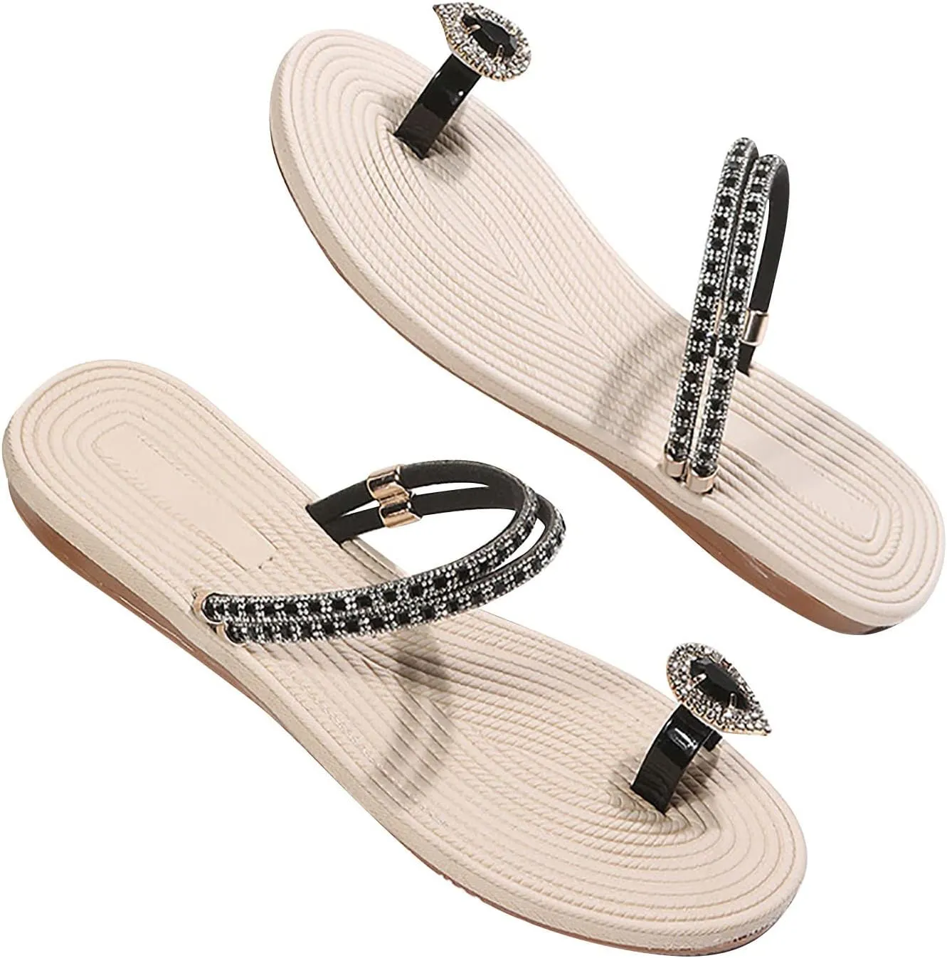 Women's Bohemian Rhinestone Slide Sandals Summer Trendy Clip Toe Beach Slippers Toe-Ring Sandal Slip on