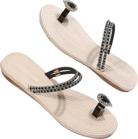 Women's Bohemian Rhinestone Slide Sandals Summer Trendy Clip Toe Beach Slippers Toe-Ring Sandal Slip on