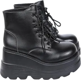 Womens High Platform Goth Ankle Booties Wedges Chunky High Heel Round-Toe Lace up Punk Combat Boots for Women
