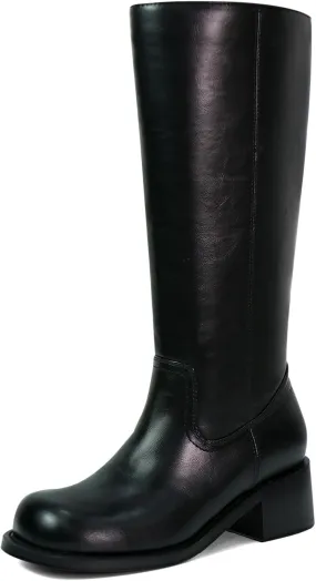 Women's Knee High Boots Square Toe Chunky Block Heel Long Boots for Women Comfortable Low Heel Womens Boots