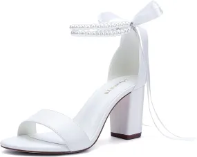 Women's Open Toe Block Heel Pearl Wedding Shoes for Bride Chunky Heeled Sandals Bridal Shoes Pumps