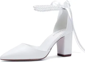 Women's Open Toe Block Heel Pearl Wedding Shoes for Bride Chunky Heeled Sandals Bridal Shoes Pumps