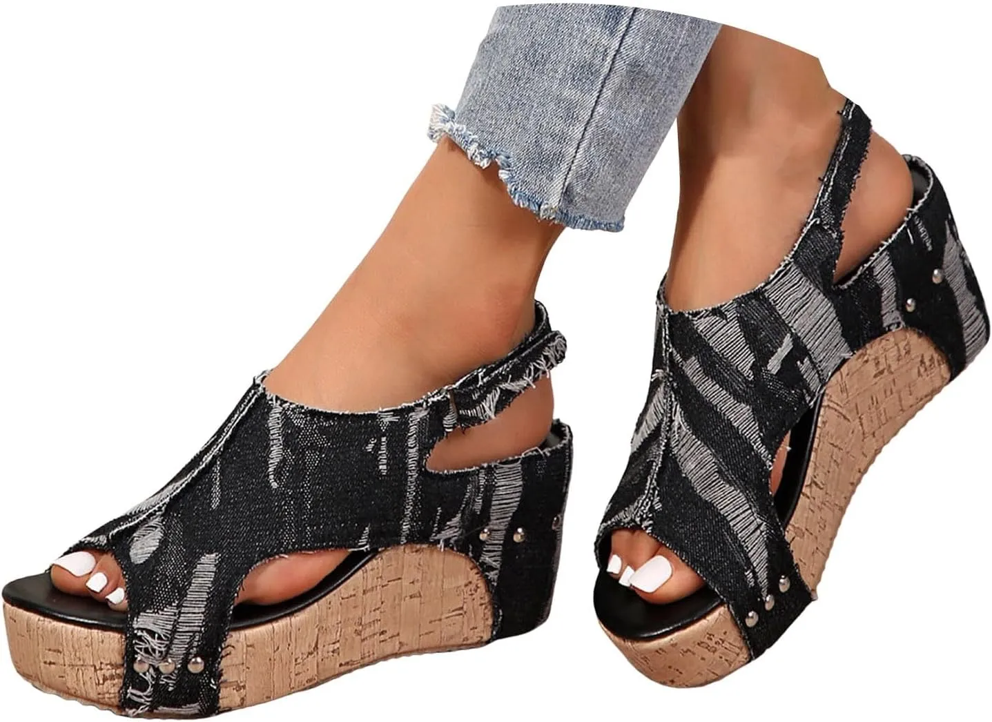 Womens Sandals Dressy Fashion Denim Thick Sole Platform Wedges Heels For Women Buckle Low Heeled Sandals Summer Shoes