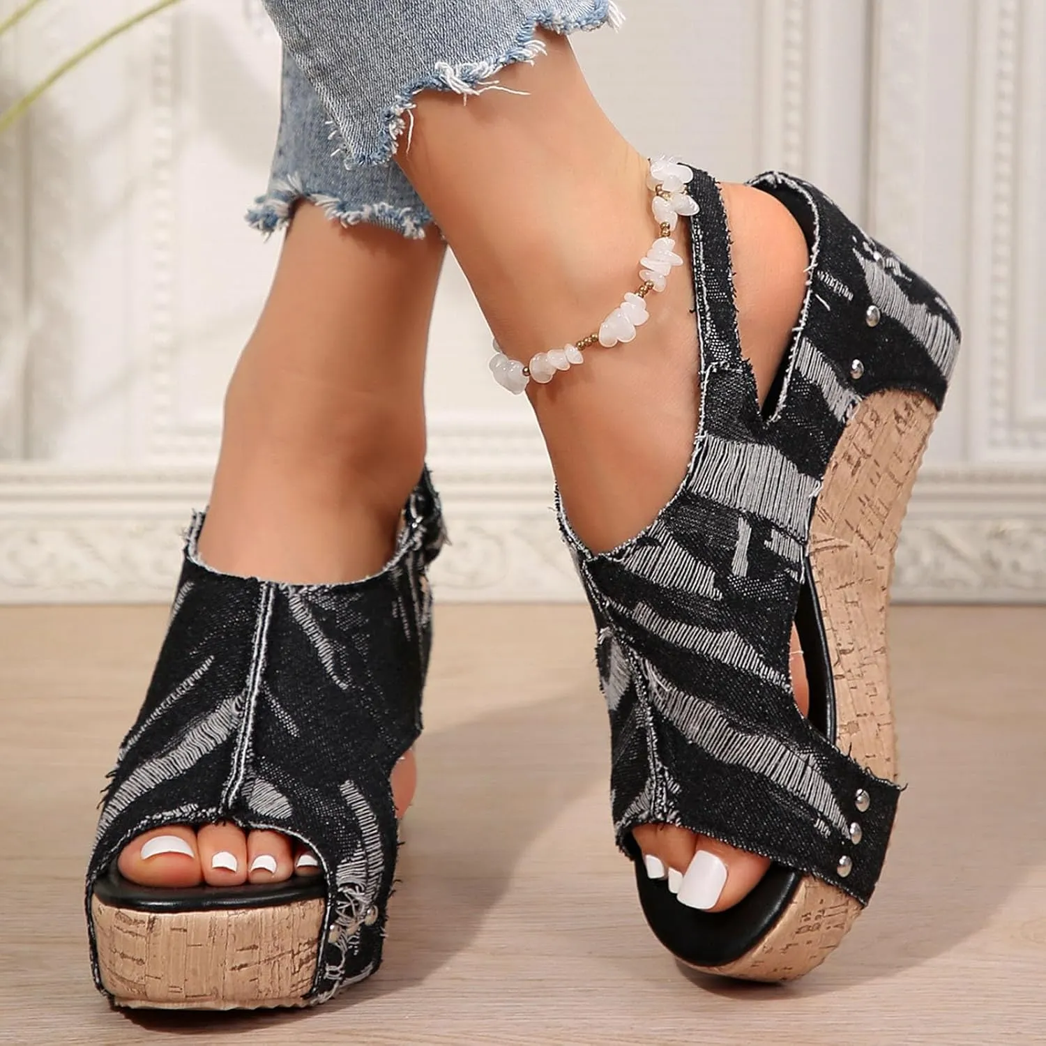 Womens Sandals Dressy Fashion Denim Thick Sole Platform Wedges Heels For Women Buckle Low Heeled Sandals Summer Shoes