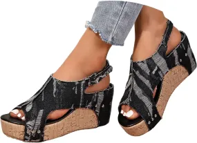 Womens Sandals Dressy Fashion Denim Thick Sole Platform Wedges Heels For Women Buckle Low Heeled Sandals Summer Shoes