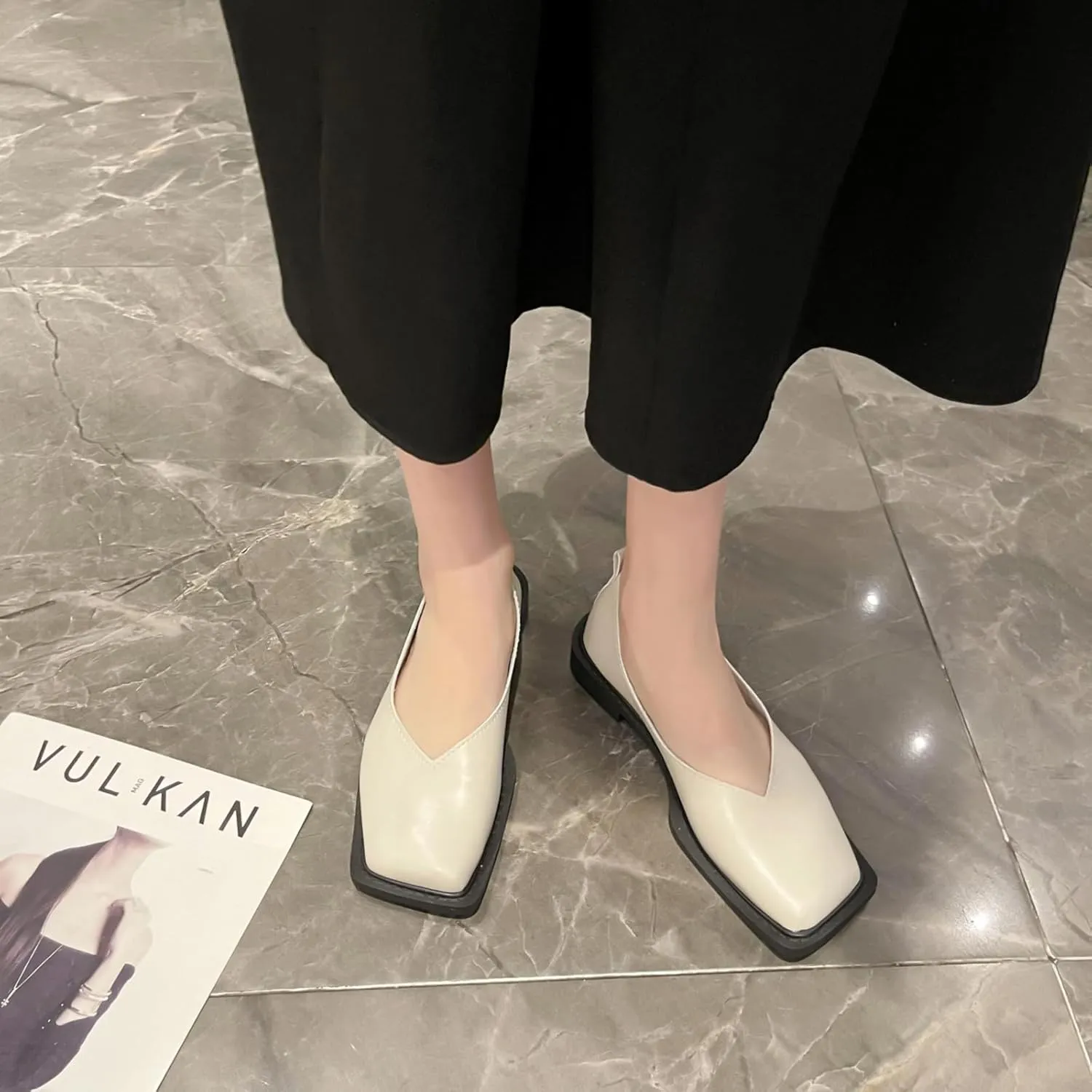 Women's Slip On Square Toe Flat Mary Jane Shoes Comfortable Leather Non-Slip Soft Sole Loafers Outdoor Lightweight Casual Ballet Flat Shoes