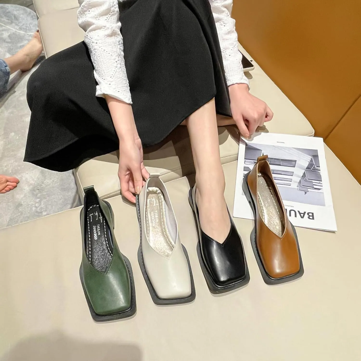 Women's Slip On Square Toe Flat Mary Jane Shoes Comfortable Leather Non-Slip Soft Sole Loafers Outdoor Lightweight Casual Ballet Flat Shoes